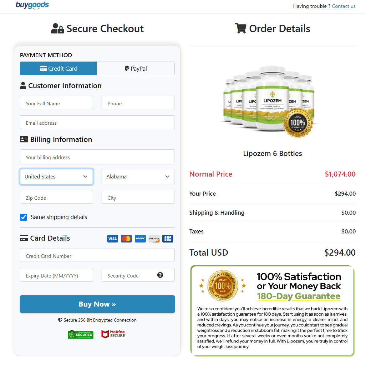 Lipozem Secured Order Page